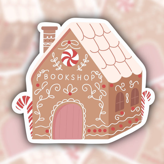 bookshop sticker - book sticker - bookish sticker - kindle sticker - rf design company - waterproof sticker - pink christmas sticker - gingerbread house sticker