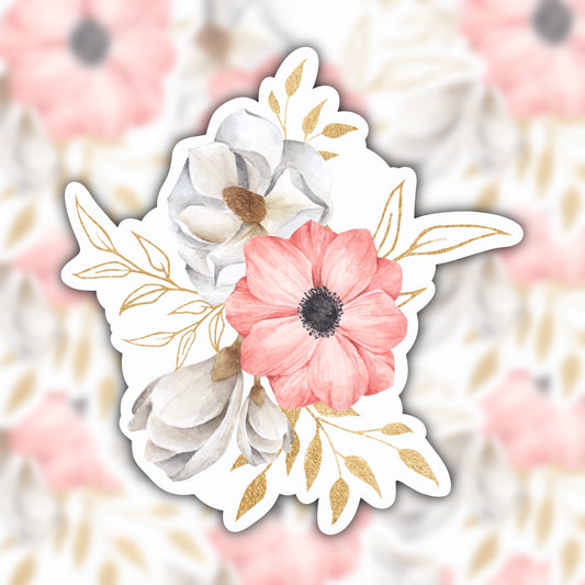 gold and pink flower sticker - gift for mothers day - waterproof sticker - RF Design company